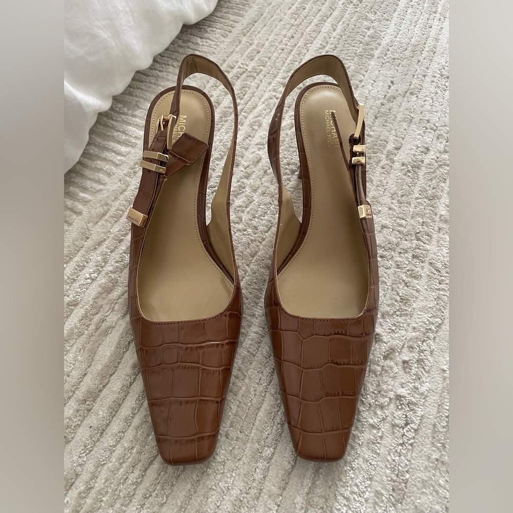 Michael Kors Croc-Embossed Brown Slingback Heels